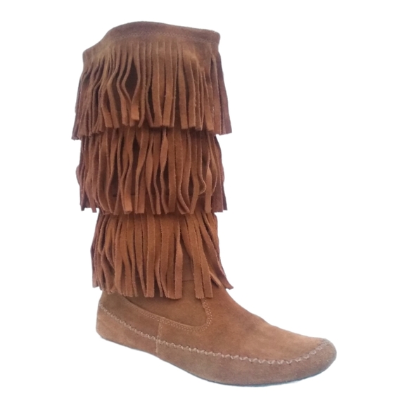LC Lauren Conrad 3 Tier Fringe Suede Boots Chestnut Boho THIA Size 9 Mid Calf - Picture 2 of 7